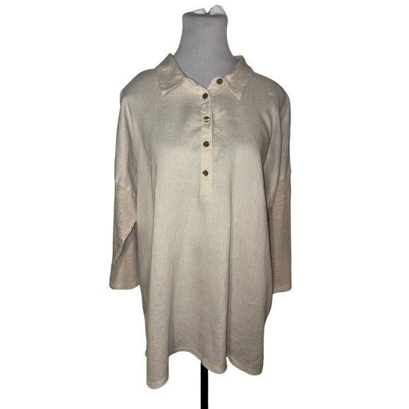 J.Jill Love Linen Tan/Cream Popover Tunic Top With 3/4 Sleeves - Size L - Picture 1 of 7